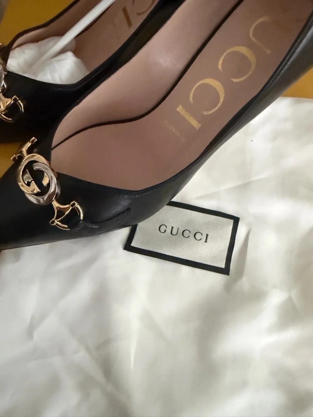 Gucci Black Leather Pointed Toe Pumps with Gold GG Hardware - Picture 11 of 13